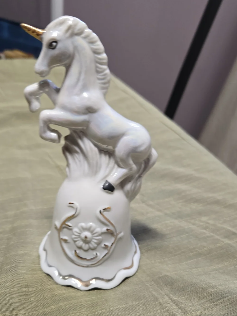 Vintage Rare White Unicorn Porcelain Bell With Gold Accent
